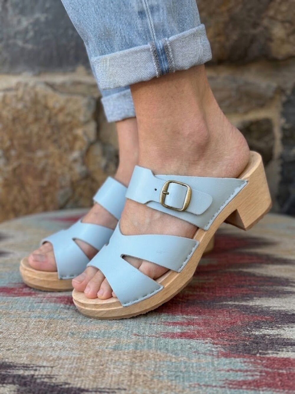 Dala-Clogs Swedish Moras Sweden Wood Clog Sandals in Light Blue Leather Size 9